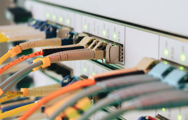  Telecommunications cables are connected to the main server. Internet wires are connected to the central router interfaces. There are many optical patchcards in the data center server room. 