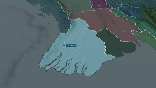 Ayeyarwady - division of Myanmar with its capital zoomed on the administrative map of the globe. Animation 3D