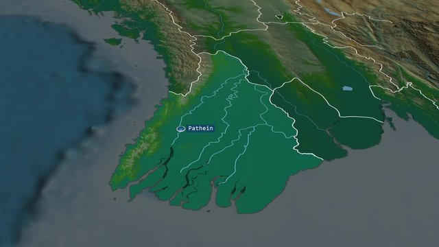 Ayeyarwady - division of Myanmar with its capital zoomed on the physical map of the globe. Animation 3D