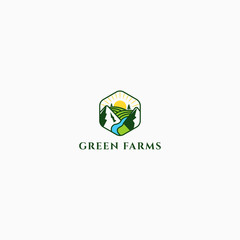 Hexagon agriculture Eco Green Farm logo Icon Design Template. Mountain, river, sun, Cube, landscape, farming