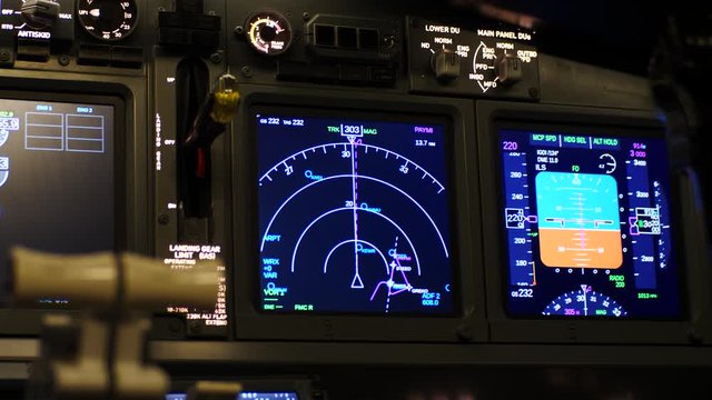 Cockpit of the passenger aircraft in autopilot mode
