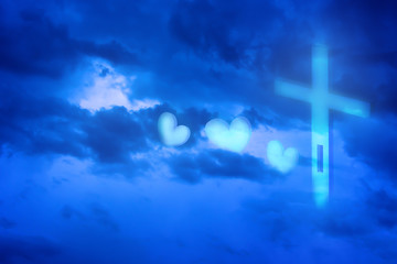 Christian worship and praise. Cloudy sky with cross and hearts.