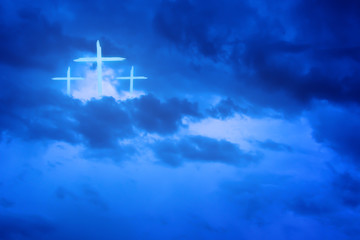 Christian worship and praise. Cloudy sky with cross and hearts.