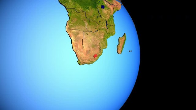 Closing in on Lesotho on political 3D globe with topography. 3D illustration.