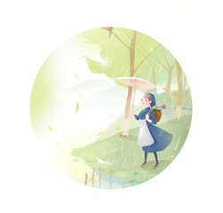 Valley rain, rain, village aunt, umbrella, plum rain, season, 24 solar terms, solar terms, mountain, forest, spring, spring, spring, rain, dew, illustration, girl, literature and art, small and fresh,