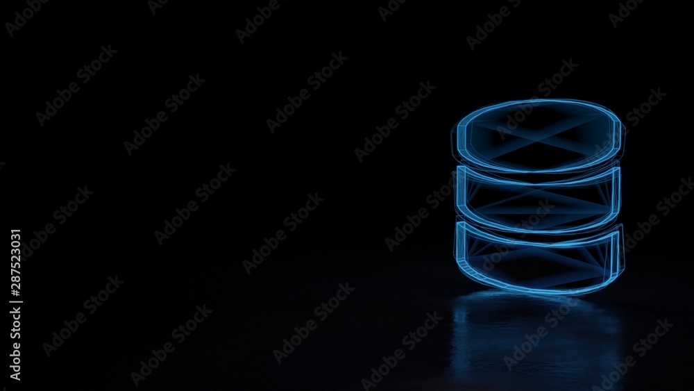 Poster 3d glowing wireframe symbol of symbol of database isolated on black background