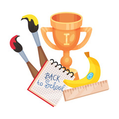 School composition of a cup, stationery and the inscription Back to school. Vector illustration on a white background.
