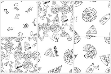 Seamless pattern set with hand drawn pizza slices.