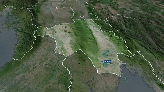 Bago - division of Myanmar with its capital zoomed on the satellite map of the globe. Animation 3D