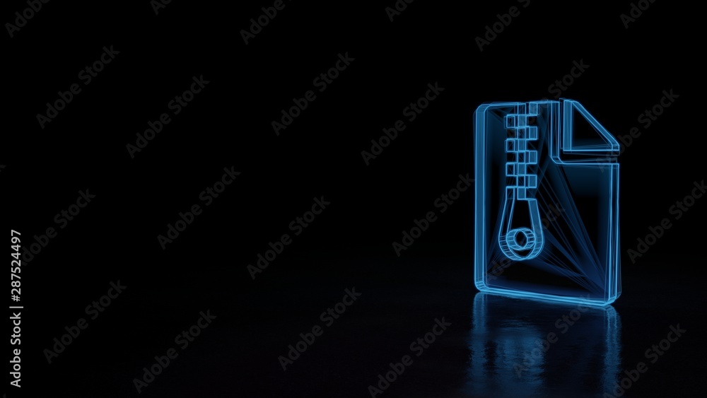 Poster 3d glowing wireframe symbol of symbol of file archive isolated on black background