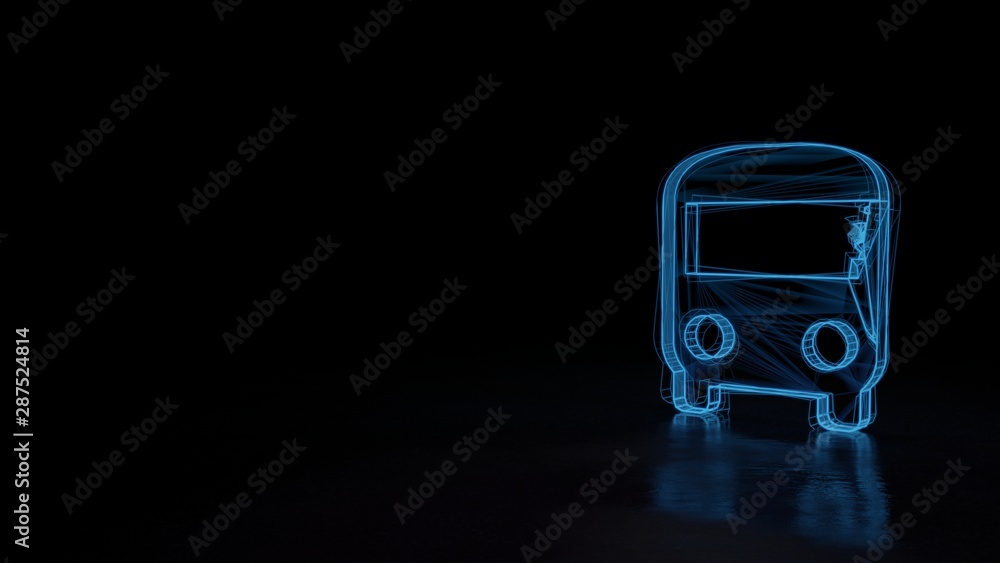 Poster 3d glowing wireframe symbol of symbol of front bus isolated on black background