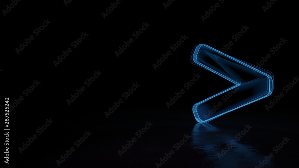 Poster 3d glowing wireframe symbol of symbol of greater than isolated on black background