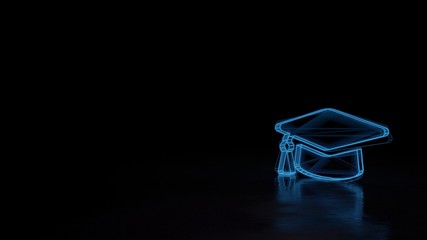 3d glowing wireframe symbol of symbol of graduation cap isolated on black background
