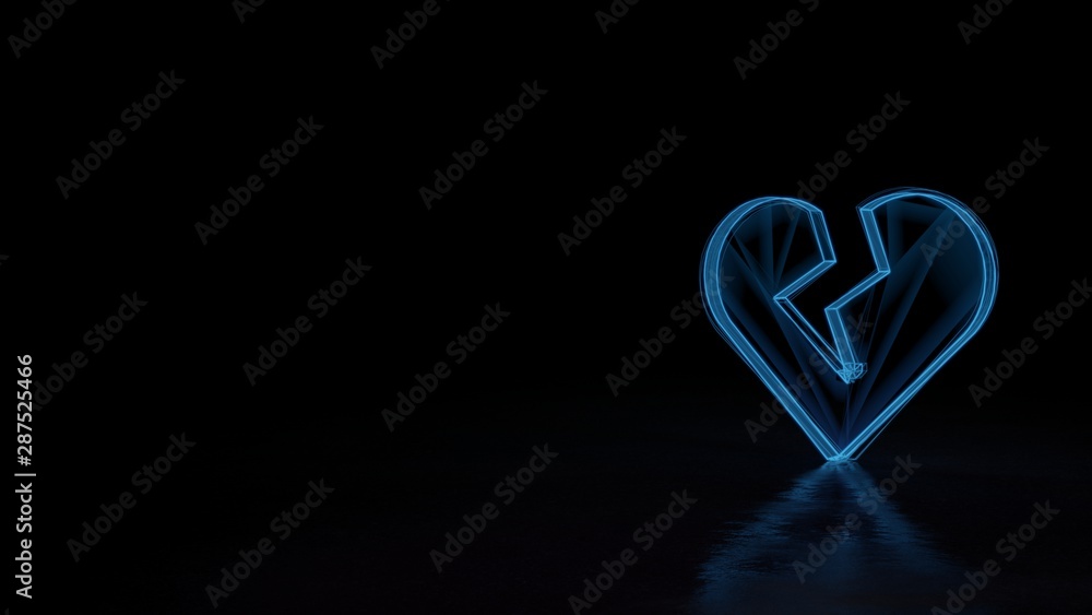 Poster 3d glowing wireframe symbol of symbol of heart broken isolated on black background