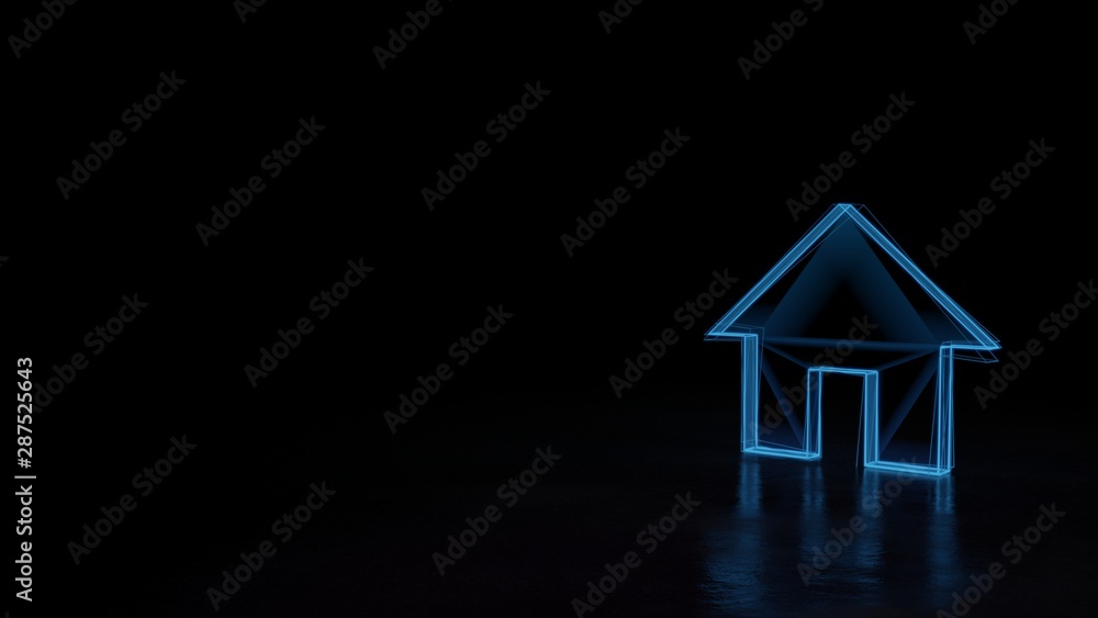 Poster 3d glowing wireframe symbol of symbol of home button isolated on black background