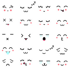 Kawaii cute faces. Manga style eyes and mouths. Funny cartoon japanese emoticon in in different expressions. Expression anime character and emoticon face illustration. Background, Wallpaper.