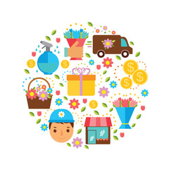 vector flat icons set flower delivery. car, gift, flowers in hand, courier, money, basket, flower shop. Use icons for web design, infographics, shop decoration, packaging, flyers, textile, background.