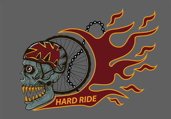 skull cyclist in helmet,wheel and fire, Isolated on white
