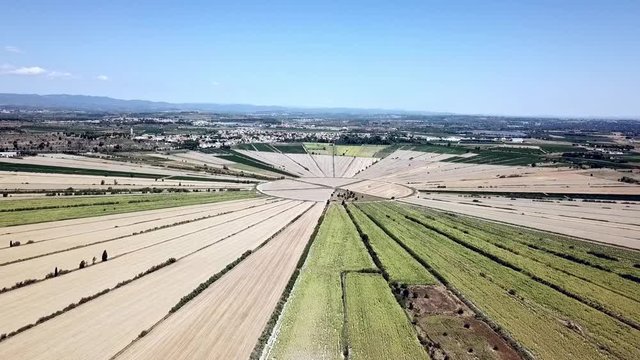 Aerial view of the circular fields of the drained lake of Montady, France, Europe.