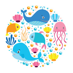 Naklejka na ściany i meble Explore the world. sea inhabitants. underwater fish. Dolphin, jellyfish, whales, shells, for children's wallpaper, packaging, design, textiles, fabrics, travel company