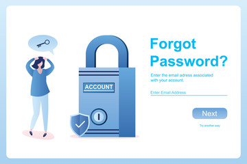 Sad female character and account lock,forgot password web page template