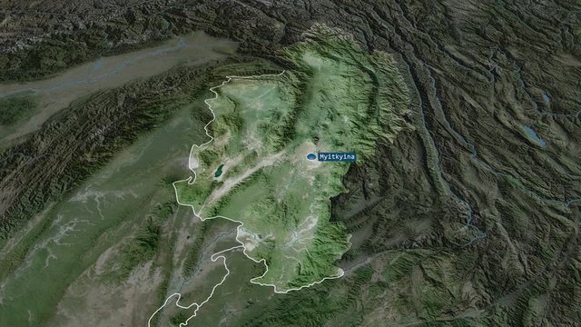 Kachin - state of Myanmar with its capital zoomed on the satellite map of the globe. Animation 3D