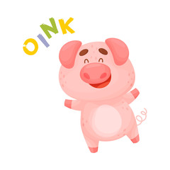 Cartoon pink pig. Vector illustration on a white background.