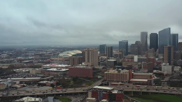This video is about an aerial view of downtown Houston on  a gloomy and rainy day. This video was filmed in 4k for best image quality.