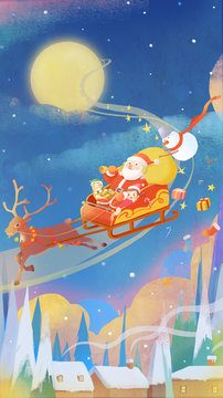 Christmas, Santa Claus, Christmas deer, night, carriage, gifts, snowmen, children, moon, Christmas gifts, snow, winter, joy, Christmas, children, happiness, happiness, village, fairy tales, magic, fan