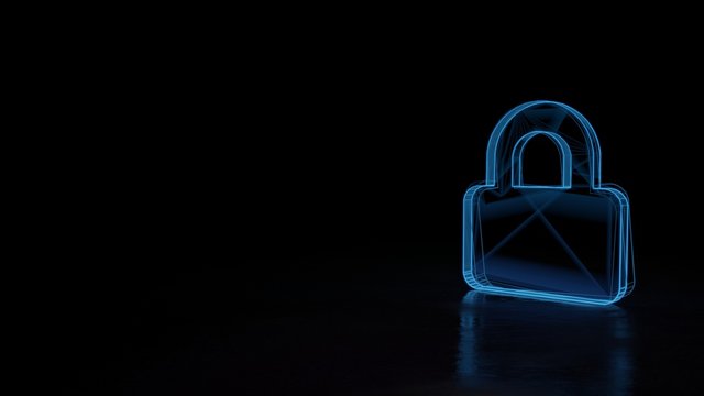 3d glowing wireframe symbol of symbol of lock isolated on black background