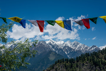 Budhist flags in the mountains near hamta
