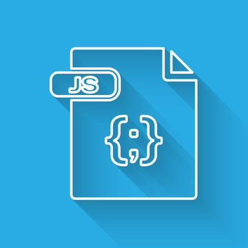 White line JS file document. Download js button icon isolated with long shadow. JS file symbol. Vector Illustration