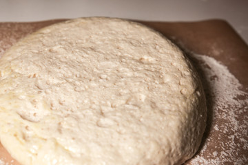 Yeast dough on the table. Baking concept. Cooking ideas. Homemade food. Knead flour and water.