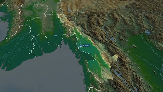 Kayin - state of Myanmar with its capital zoomed on the physical map of the globe. Animation 3D