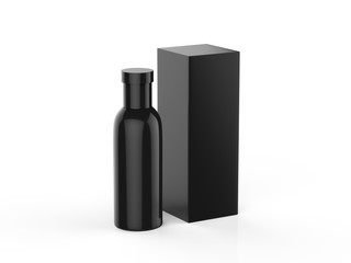 Perfume bottle and black packaging box mock up template on isolated white background, 3d illustration