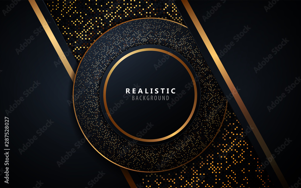 Poster abstract overlapping layers dark blue background a combination with golden glitters line. vector des