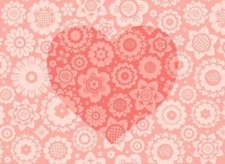 Heart, card, floral background, color, pink, vector. A pink heart on a pink flower field. Color, flat picture.  