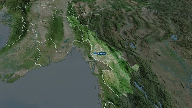 Kayin - state of Myanmar with its capital zoomed on the satellite map of the globe. Animation 3D