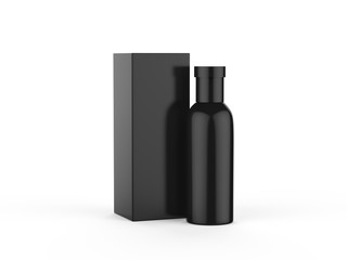 Perfume bottle and black packaging box mock up template on isolated white background, 3d illustration