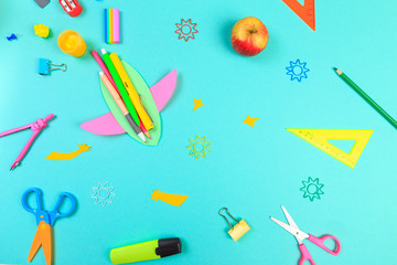 School stationery on color background. Back to school creative  Image  with text place