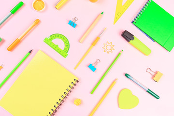 School stationery on color background. Back to school creative  Image  with text place