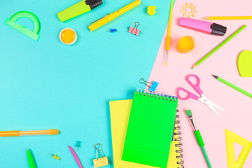 School stationery on color background. Back to school creative  Image  with text place