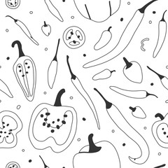hand drawn illustration of pepper variety, seamless vector repeat pattern. Handdrawn vegetables background texture for textile fabric or wrapping paper. Hot and sweet pepper different kinds of pepper.