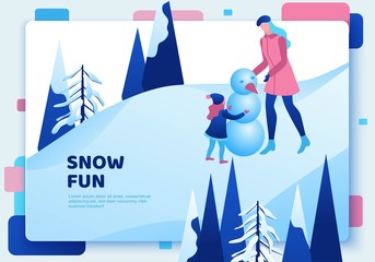 Mother with daughter making snowman, winter isometric people set, happy kid, 3d vector sport family playing, outdoor snow games, simple cartoon characters,