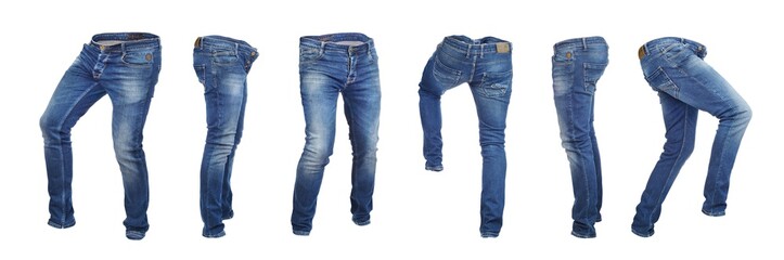 Set of empty blank jeans pants in different poses isolated on a white background