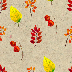 Autumn watercolor hand drawn seamless pattern with colorful leaves