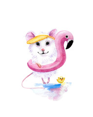 акварельная иллюстрация мышька идет плавать с фламинго