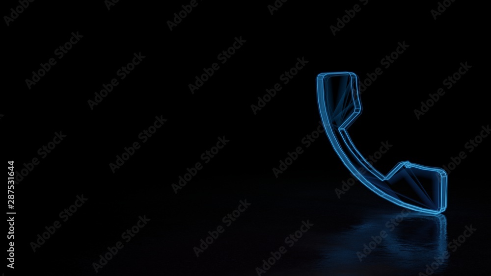 Poster 3d glowing wireframe symbol of symbol of phone call button isolated on black background