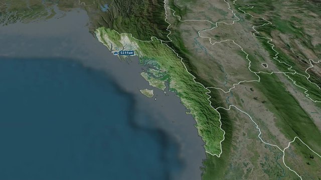 Rakhine - state of Myanmar with its capital zoomed on the satellite map of the globe. Animation 3D