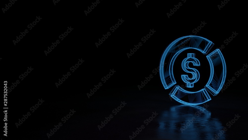 Poster 3d glowing wireframe symbol of symbol of pie chart isolated on black background